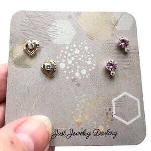 Estate 14K Yellow Gold Pink & Clear Cubic Zirconia Pierced Stud Earrings